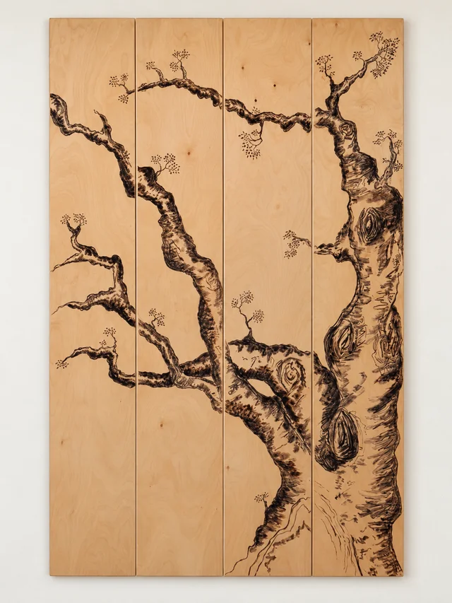 A gnarled tree drawn across four pale wooden panels