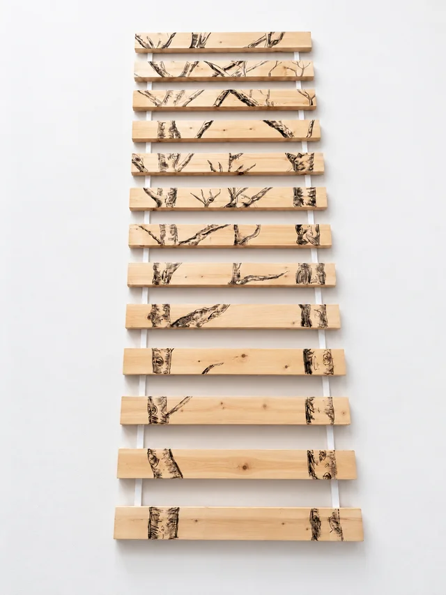 Thirteen horizontal wooden slats carrying a charcoal forest drawing against a white wall